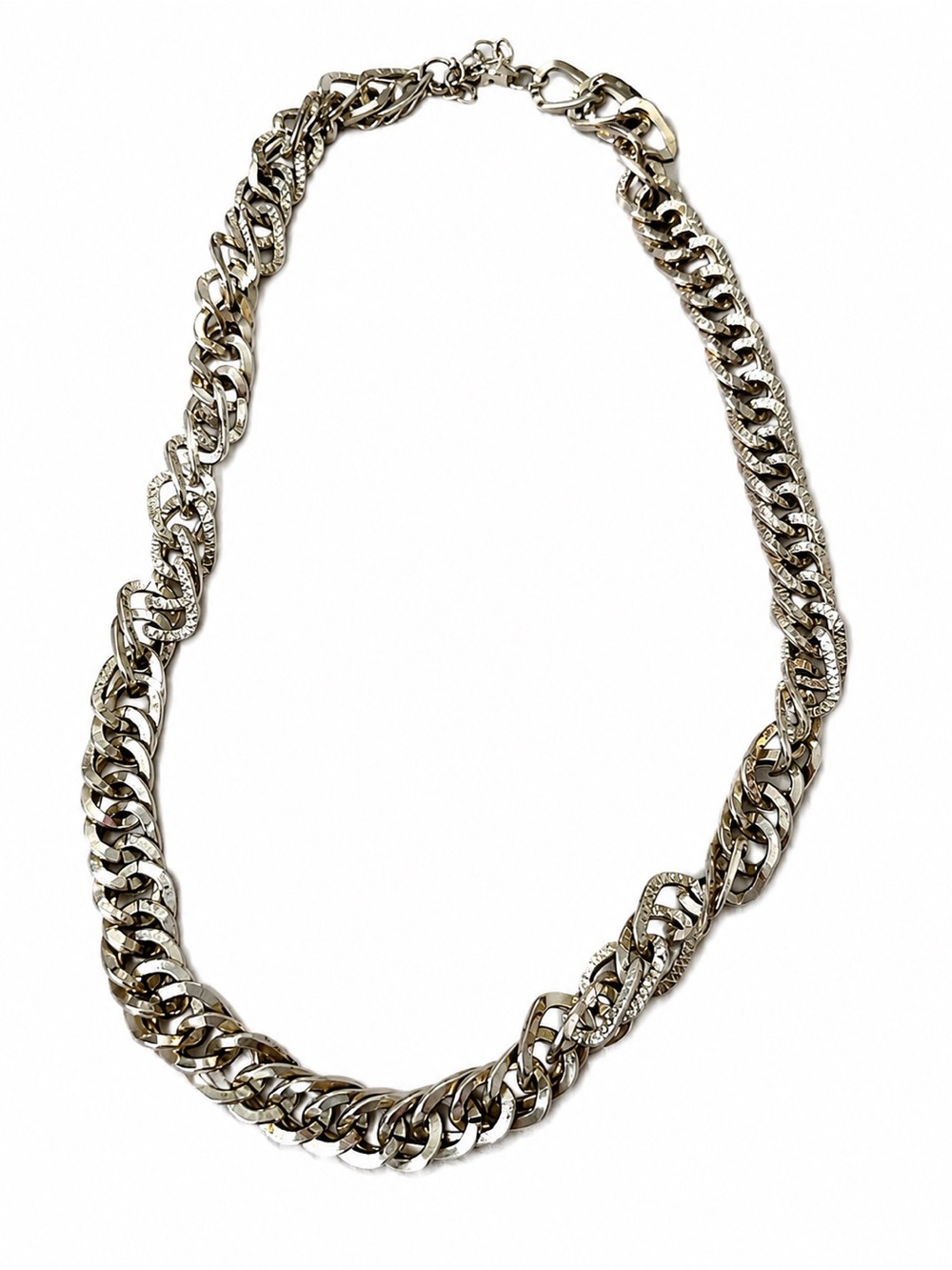 Silver Tone Cuban Link & Rhinestone Twist Chain Statement Necklace Chunky Colla